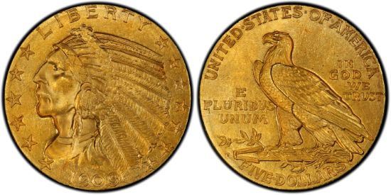 A beautiful 1909 Indian Head $5 gold piece graded PCGS MS64.