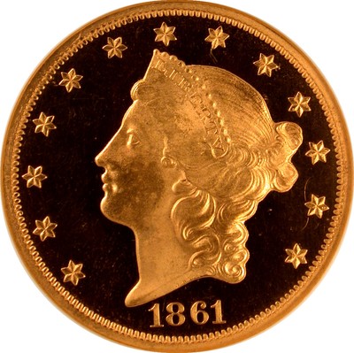 1861 PR67 Ultra Cameo Liberty Head $20 gold piece - the finest known.